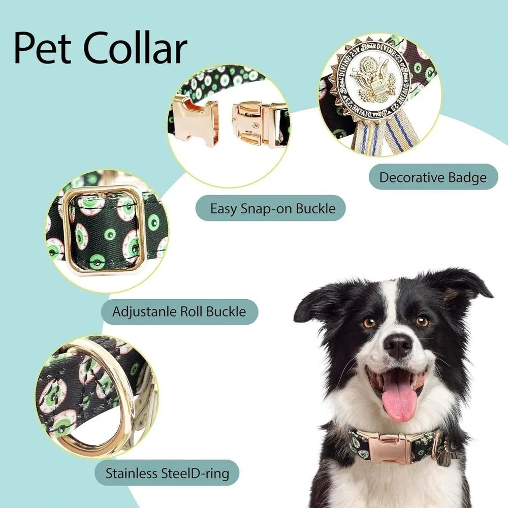 Eyeball Print Dog Collar with Rose Gold Metal Buckle and Removable Badge